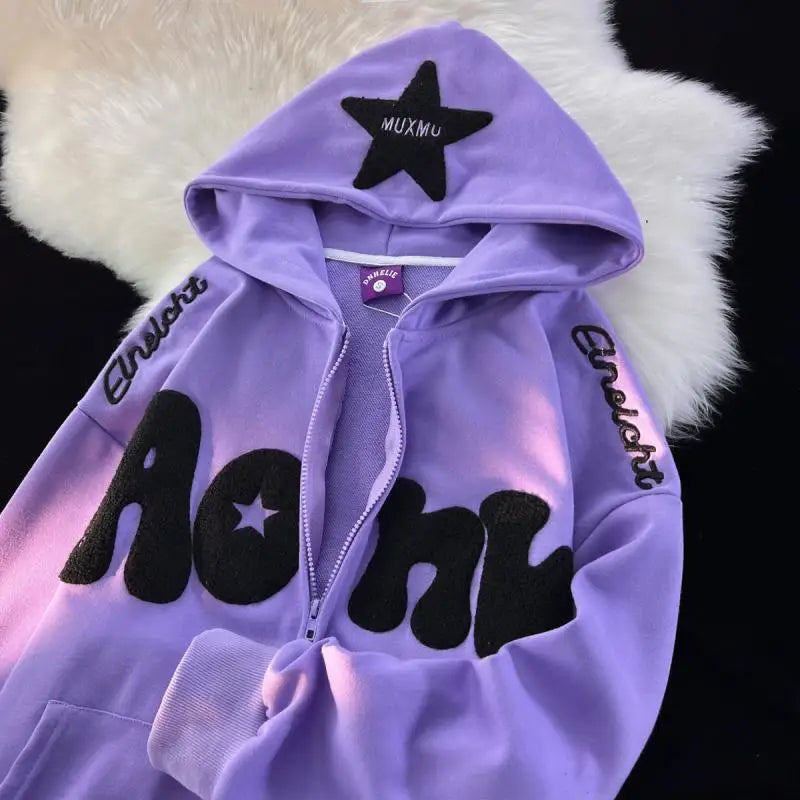 SNKRD StarStitch™ Y2K Zip Hoodie – Retro Embroidered High-Street Jacket