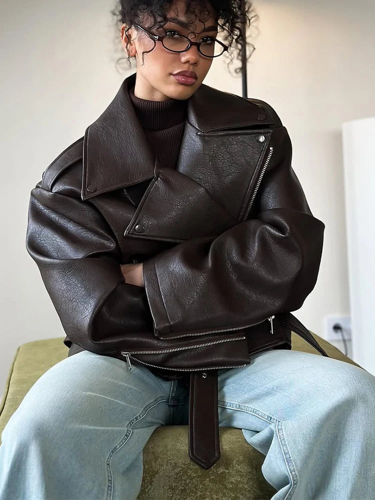 SNKRD RougeEdge™ Women’s Dark Red Faux-Leather Jacket – Short High-Street Cut, Lace-Up Lapel, 2025