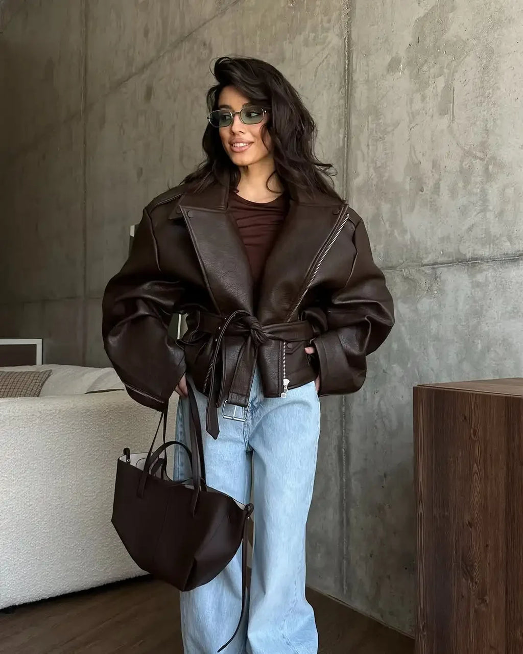 SNKRD RougeEdge™ Women’s Dark Red Faux-Leather Jacket – Short High-Street Cut, Lace-Up Lapel, 2025