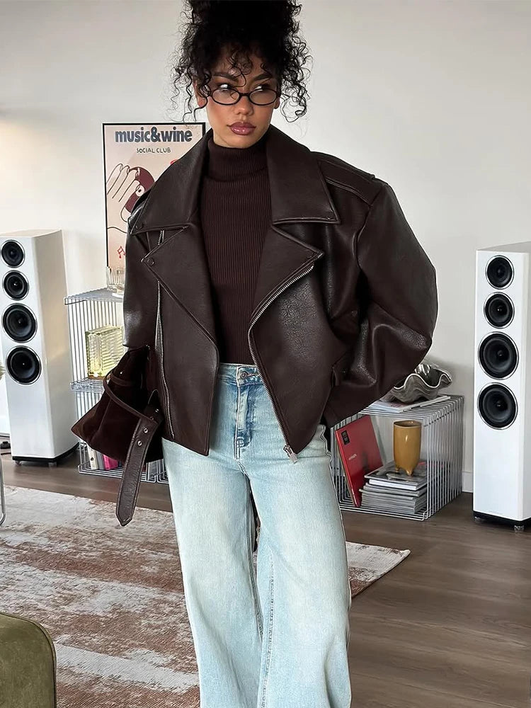 SNKRD RougeEdge™ Women’s Dark Red Faux-Leather Jacket – Short High-Street Cut, Lace-Up Lapel, 2025