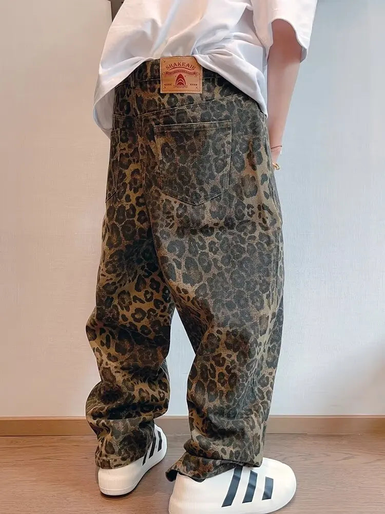 LeopardFlow™ Wide-Leg Denim – SNKRD Oversized Animal Print Jeans