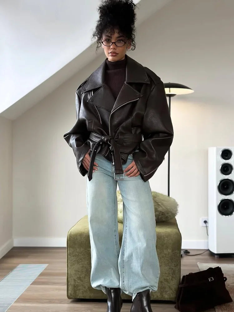 SNKRD RougeEdge™ Women’s Dark Red Faux-Leather Jacket – Short High-Street Cut, Lace-Up Lapel, 2025