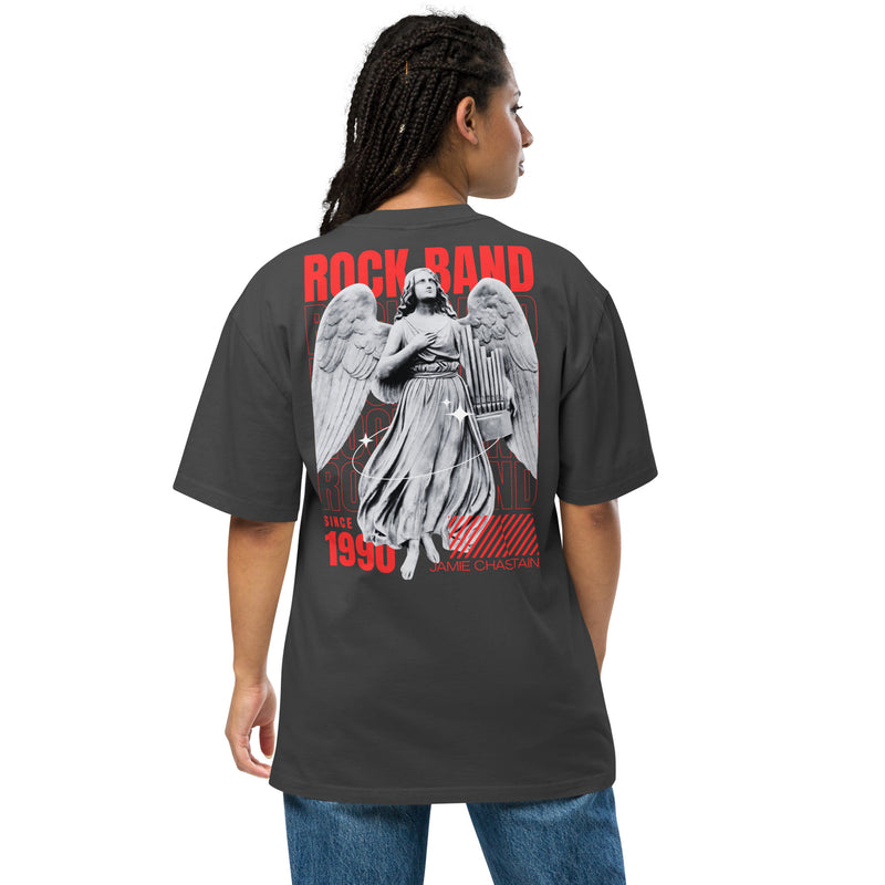Rock Band Angel Tee – Vintage Red & Black Music Graphic (Oversized)